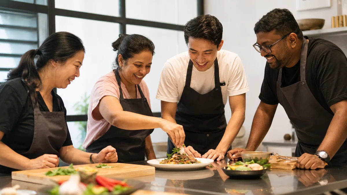 A small group at a hands-on one day cooking class in a bright Singapore studio