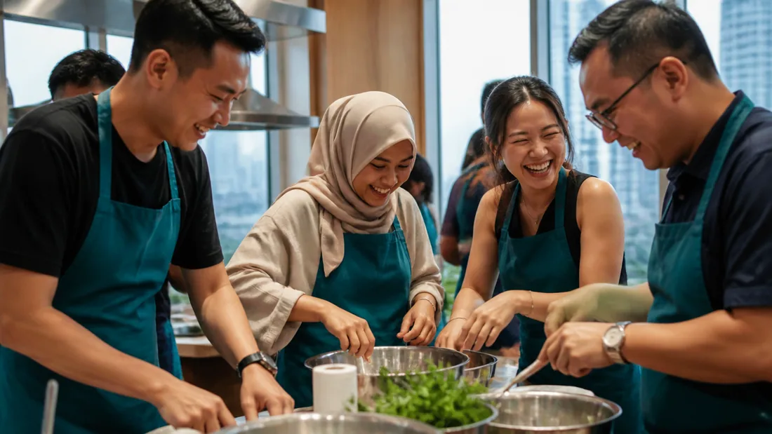 A team laughing together while tackling a cooking challenge during an indoor amazing race in a bright Singapore studio