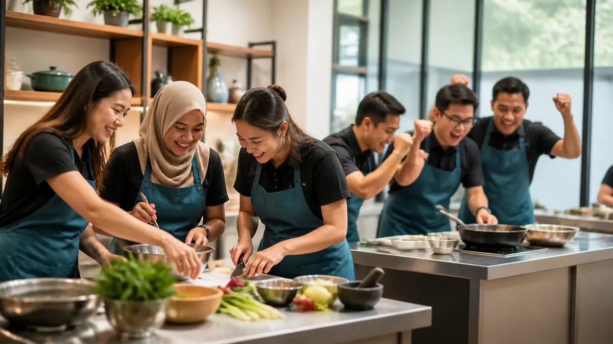 A corporate team racing between challenge stations during an amazing race team building event in Singapore