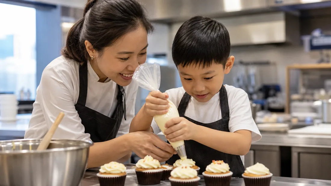An instructor helping a child pipe frosting onto freshly baked cupcakes in a bright studio