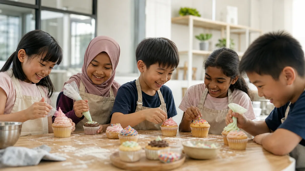 Children in aprons decorating cupcakes at a kids baking class in Singapore