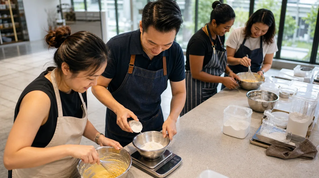 Small teams weighing ingredients and mixing batter at their stations during a corporate baking session