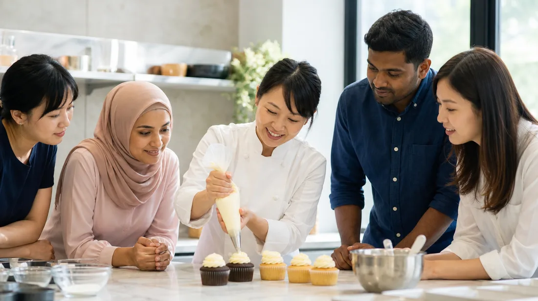 A chef demonstrating a piping technique to a team of colleagues during a baking team building activity