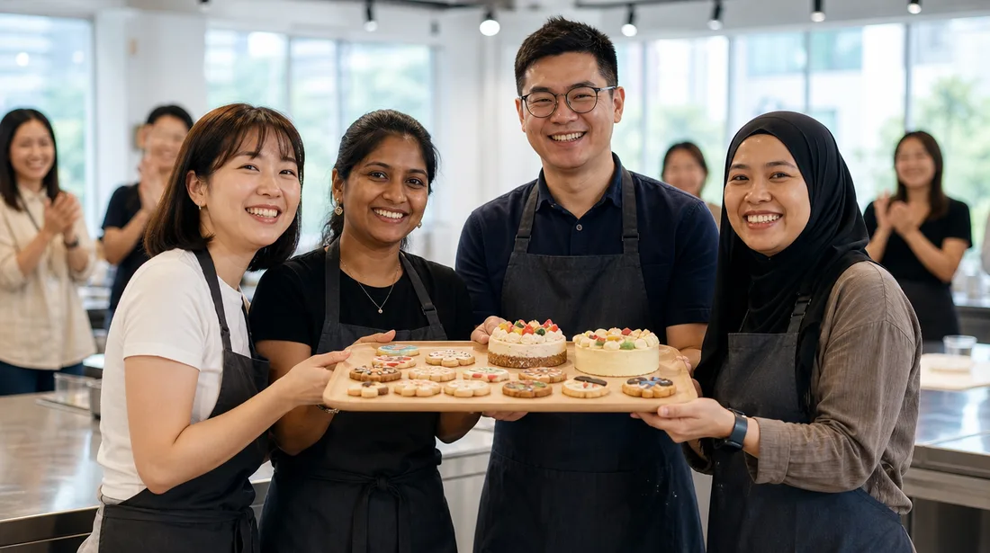 Colleagues presenting their decorated bakes for judging at the end of a team bonding baking session in Singapore