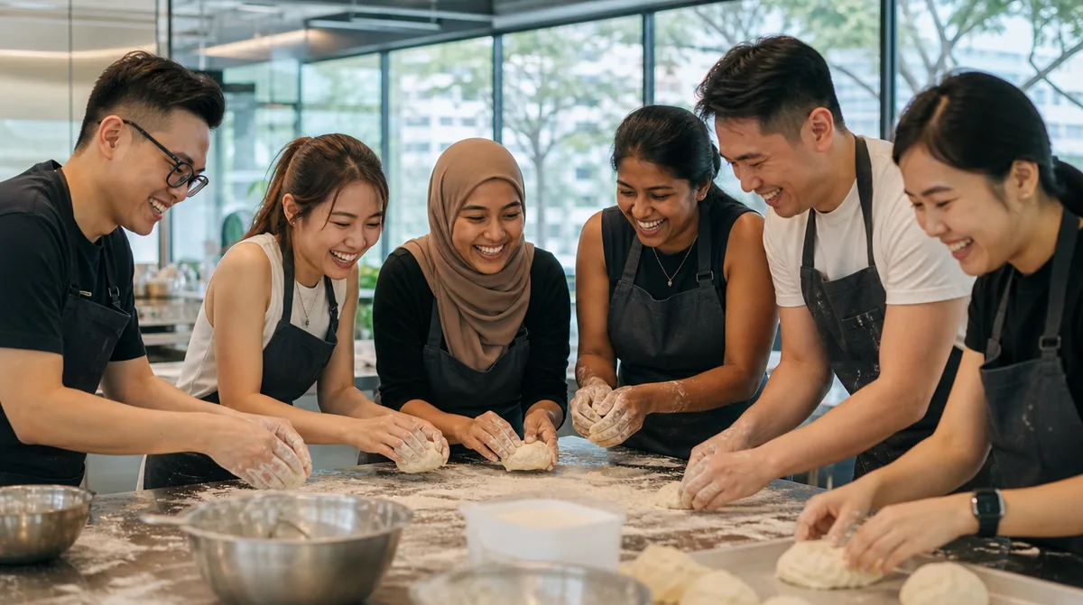 Colleagues laughing while shaping dough together at a baking team building session in Singapore