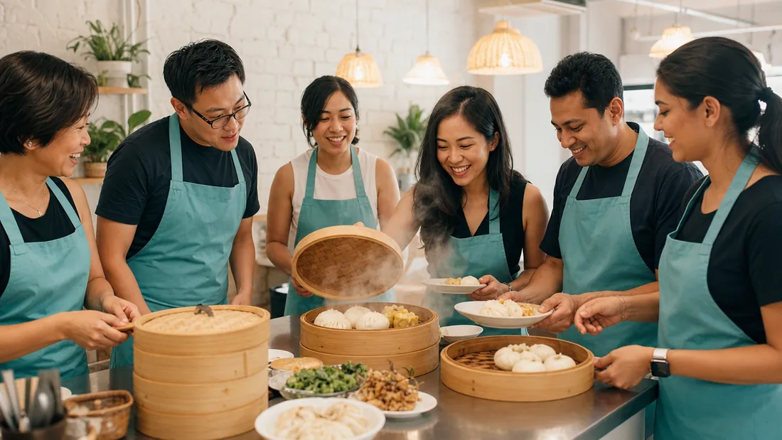 A group steaming and sharing their freshly folded bao and dumplings at a Singapore studio