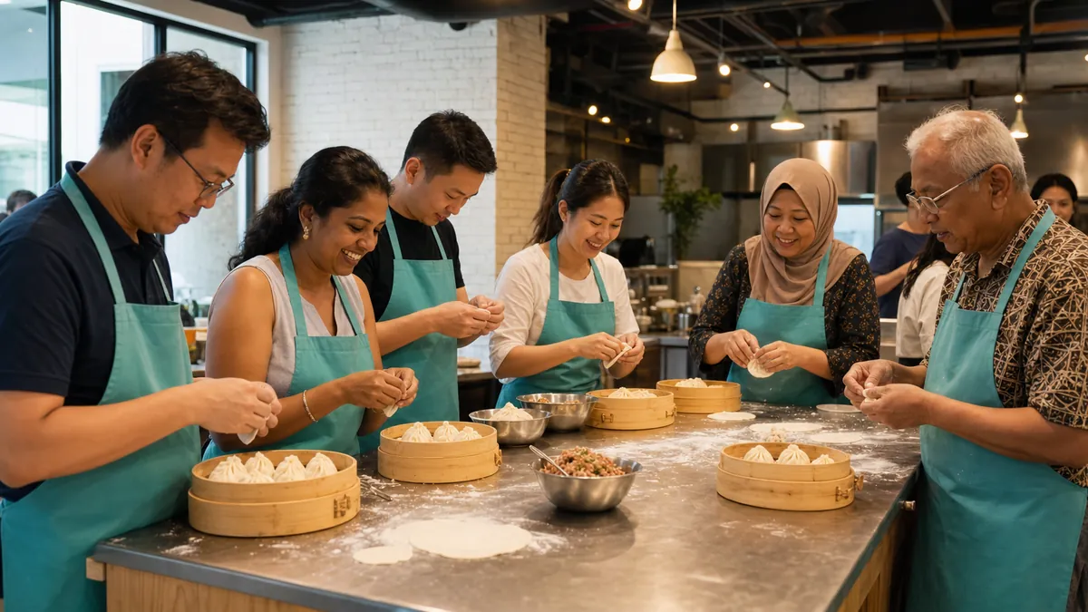Participants pleating and shaping bao buns and dumplings at a bao making class in Singapore