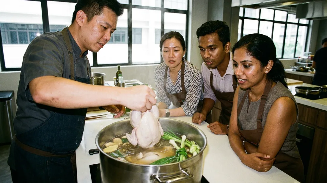 Chef demonstrating how to poach a whole chicken while participants watch closely during a Hainanese chicken rice class