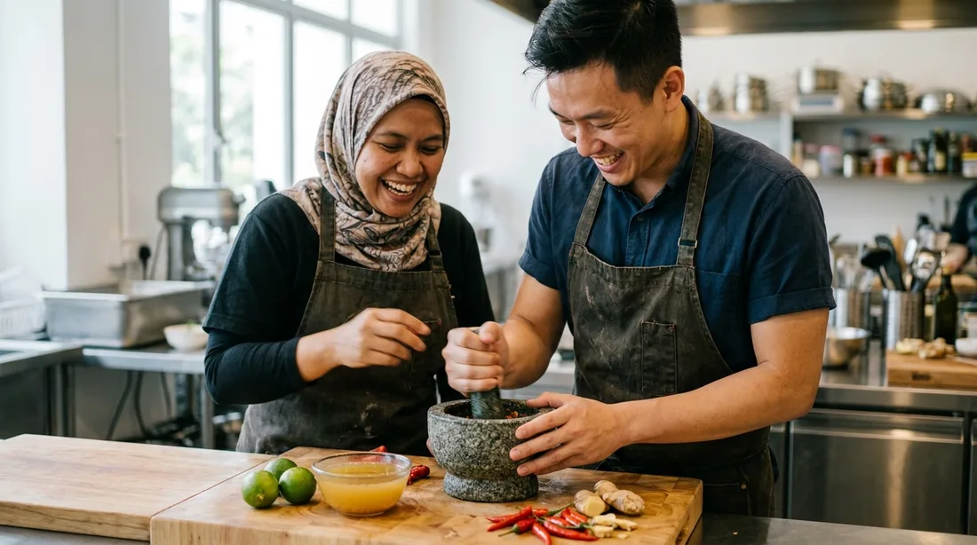 Colleagues pounding fresh chilli and ginger in a mortar for chicken rice sauce at a cooking class station