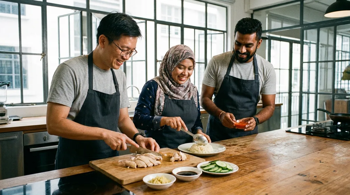 A small group learning to plate Hainanese chicken rice during a chicken rice cooking class in Singapore