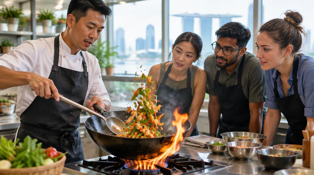 Chef demonstrating a high heat stir fry in a wok during a Chinese cooking class in Singapore
