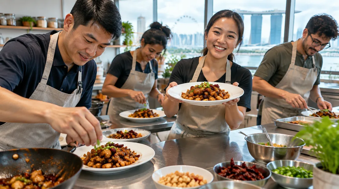 Teams plating their stir fry dishes at the end of a wok cooking class in Singapore