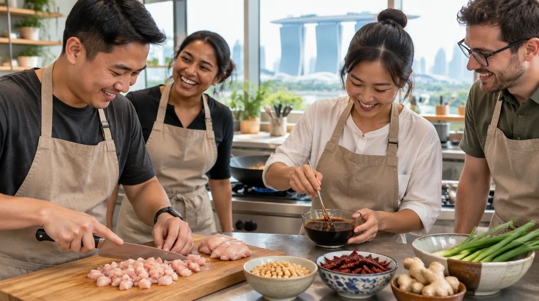 Colleagues laughing together while cooking gong bao chicken at a Chinese stir fry class