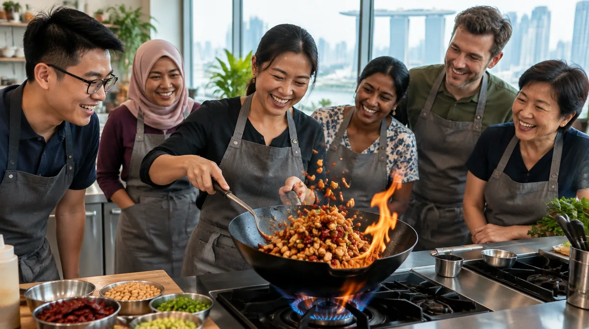 A group learning wok skills over high flames during a Chinese cooking class in Singapore