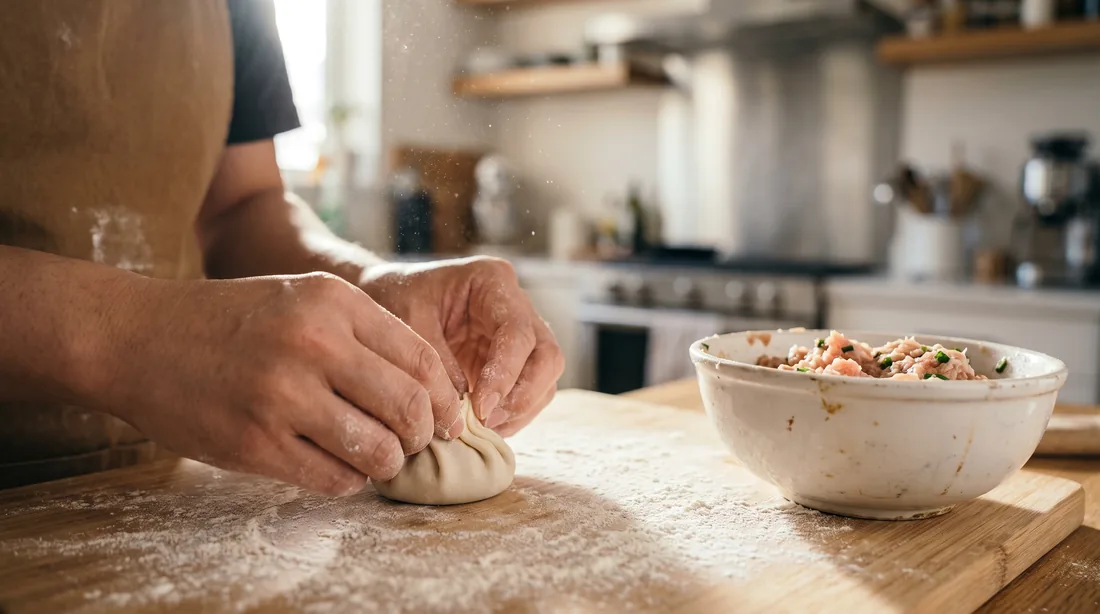 Hands pleating a dumpling wrapper at a festive cooking class in Singapore