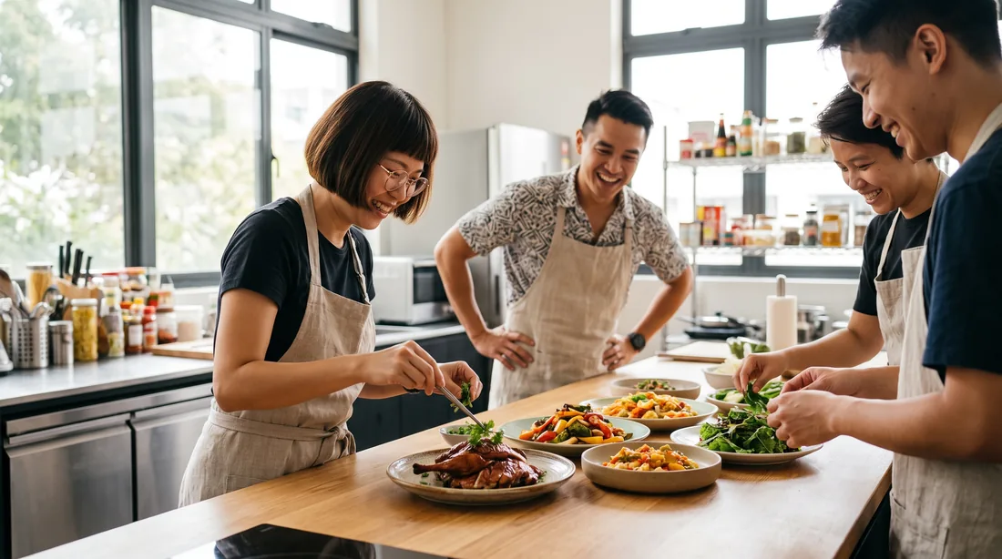 A team plating festive dishes together in a bright Singapore cooking studio
