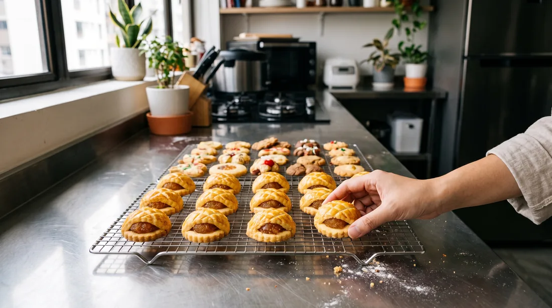 Festive cookies and tarts cooling on a tray after a Chinese New Year cooking class