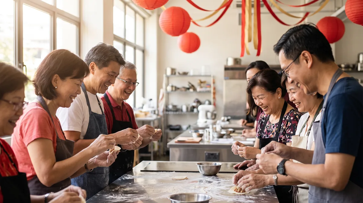 A group folding dumplings together at a Chinese New Year cooking class in Singapore