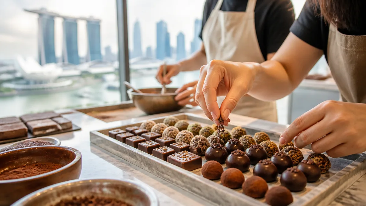 Handmade chocolates being finished at a chocolate making workshop in Singapore