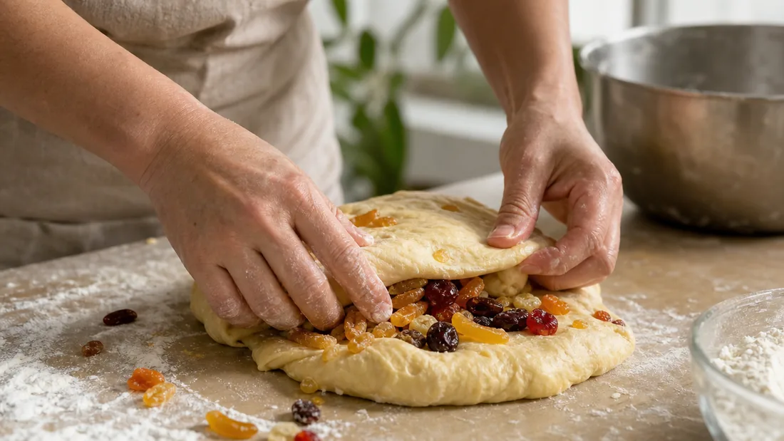 Hands folding dried fruit into festive dough during a hands on Christmas baking session