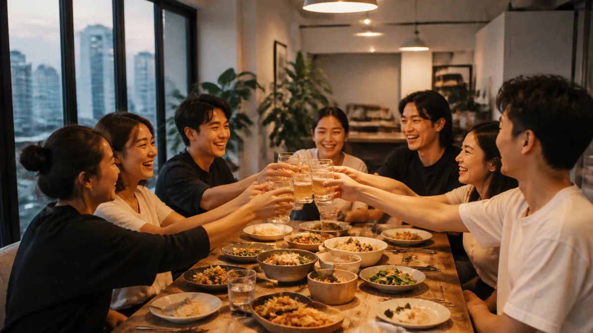 A group toasting over the shared meal they cooked together at a festive session