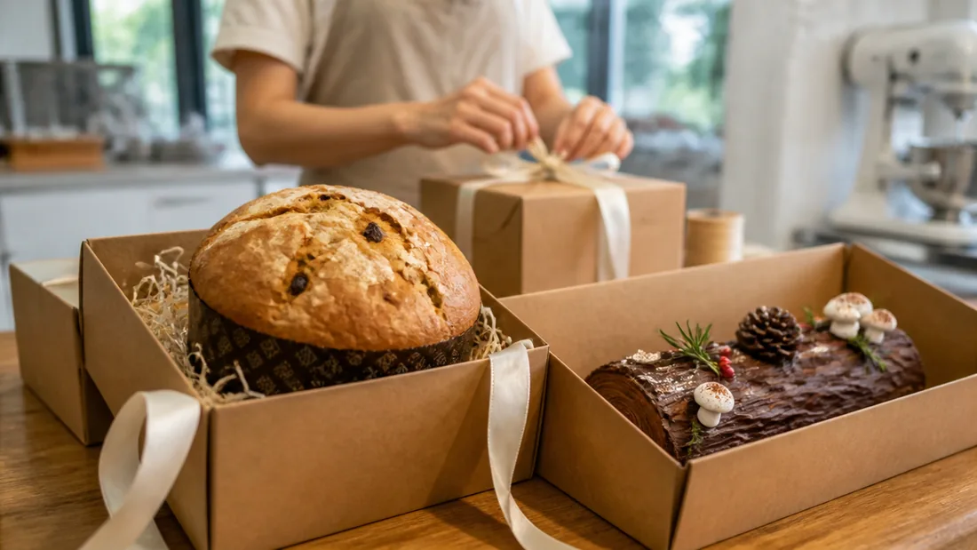 Festive bakes boxed and ribboned, ready for guests to take home after a Christmas class