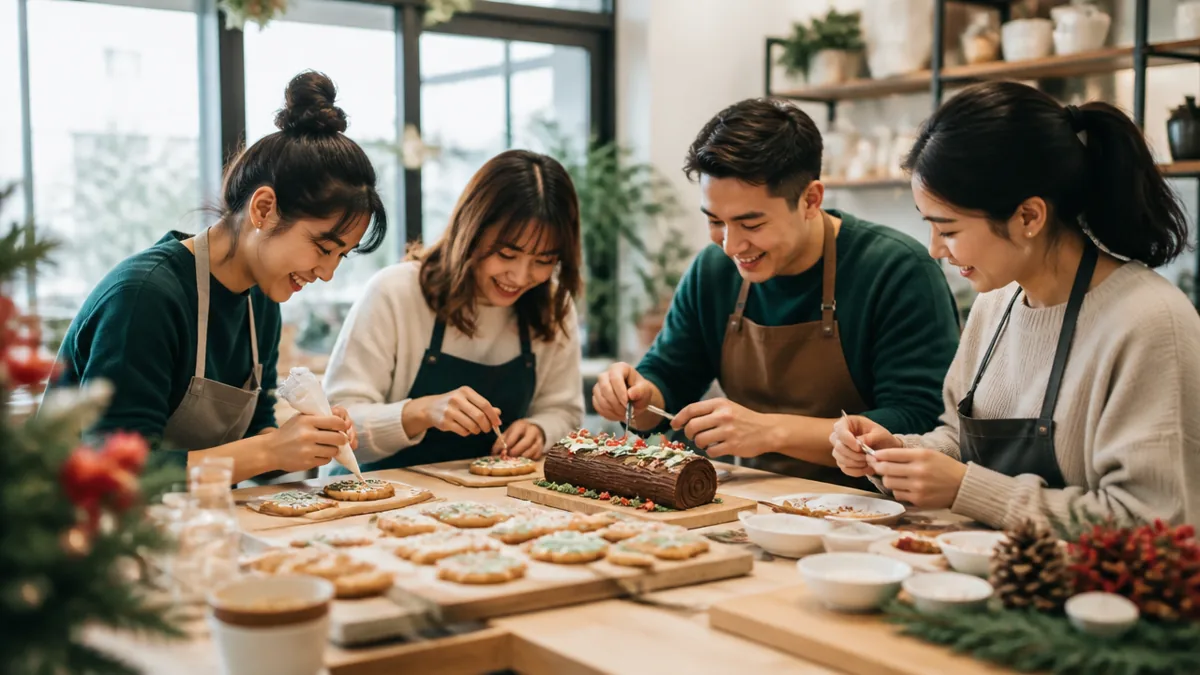 A small group piping icing onto festive cookies and a yule log at a Christmas cooking class in a bright Singapore studio