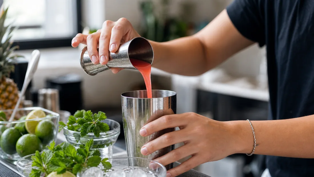 Hands measuring and pouring ingredients into a shaker at a bright Singapore mixology workshop