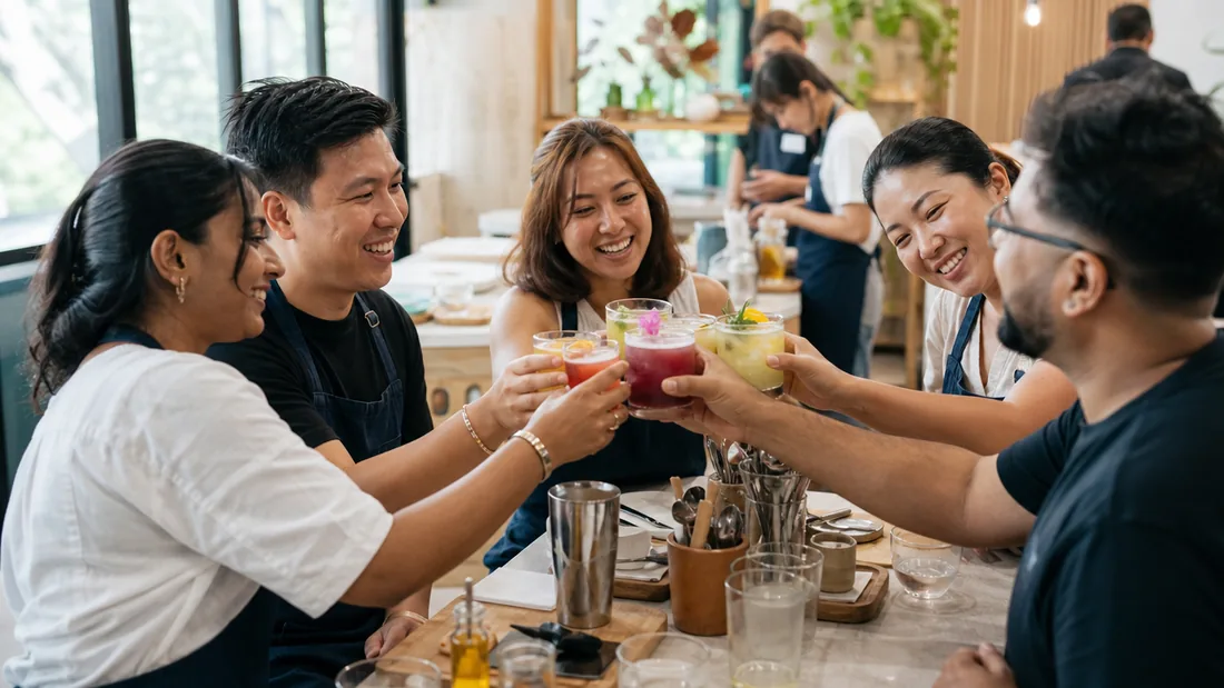 A group laughing and comparing their finished drinks at a bright Singapore cooking studio