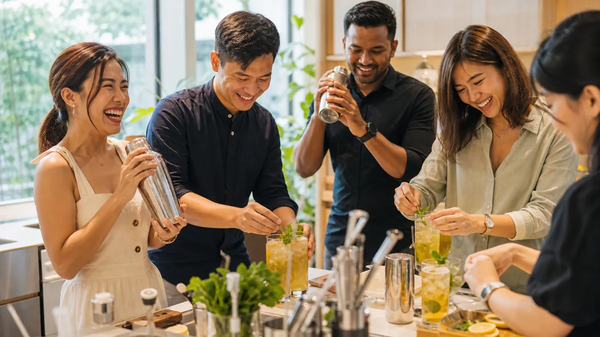 A small group shaking and garnishing drinks together at a bright Singapore mixology workshop