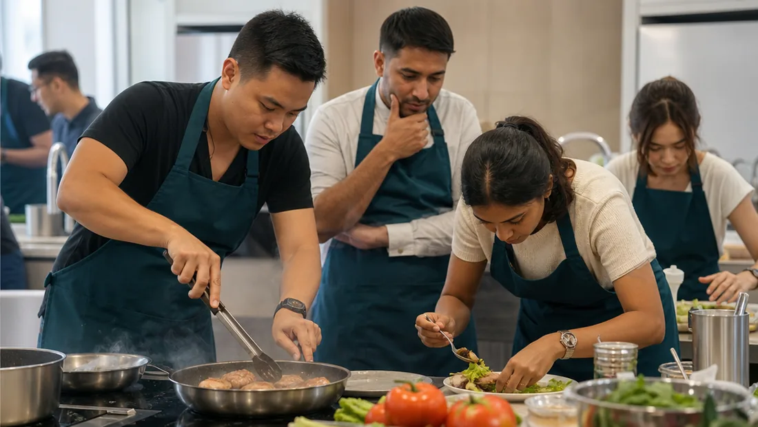 Colleagues working side by side at a cooking station during a company retreat activity in Singapore
