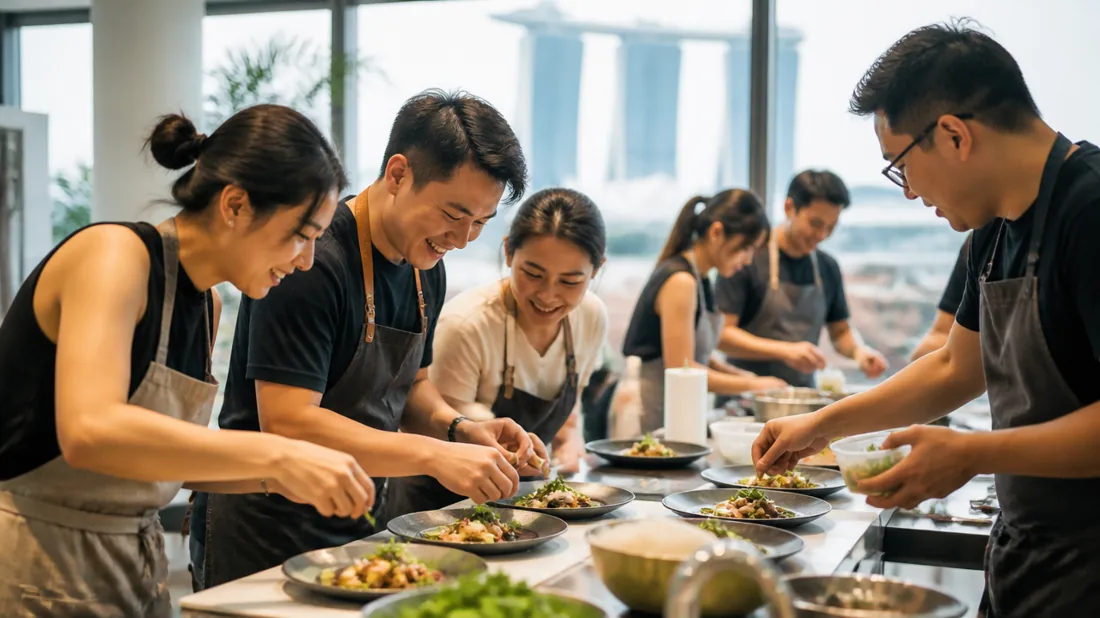 A retreat group plating the dishes they cooked together at a Singapore team building session