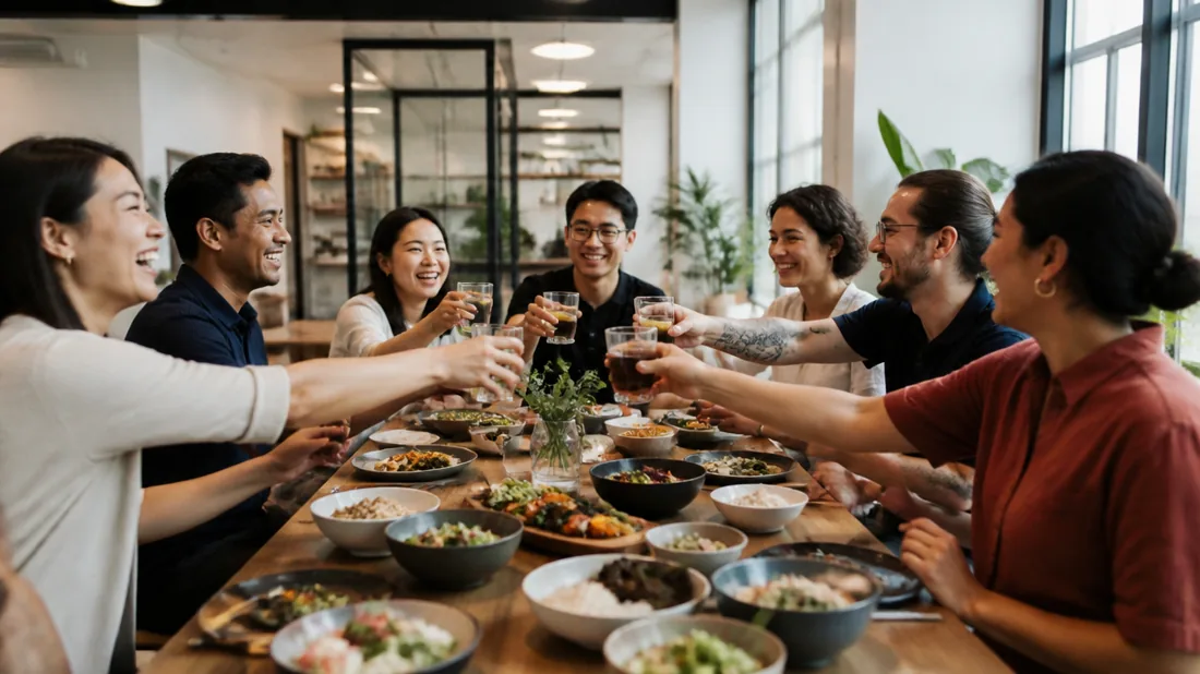 A large company retreat group in Singapore sharing the meal they cooked together