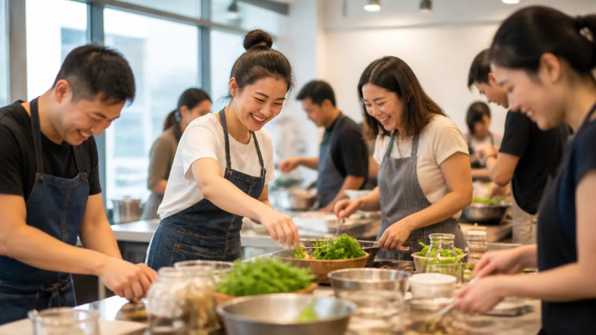 A company retreat group in Singapore cooking together in a bright modern studio kitchen