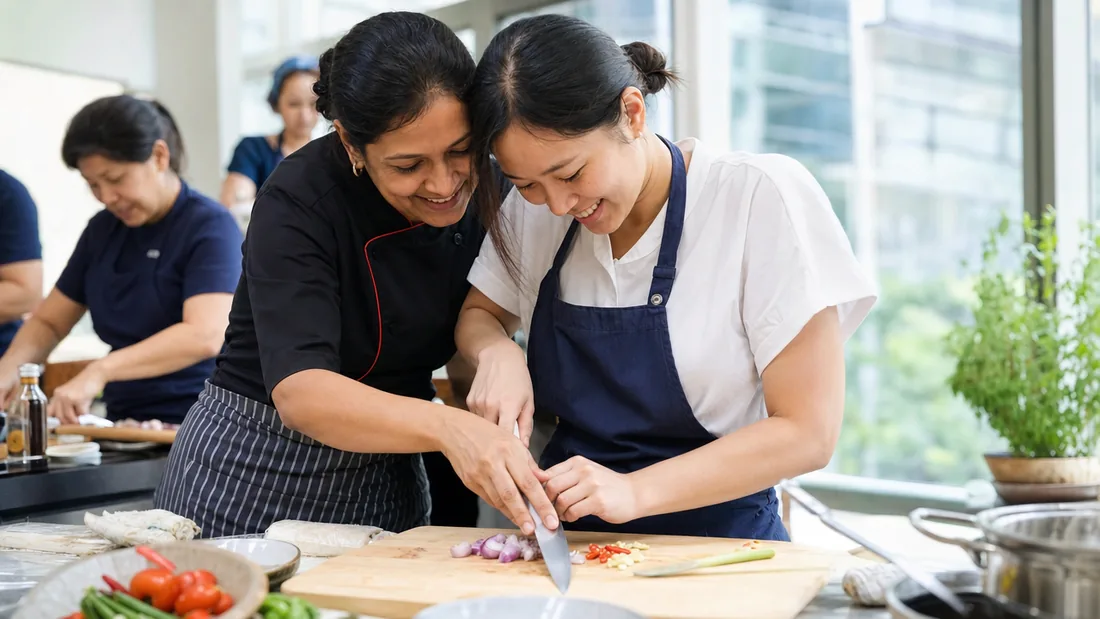 A first-timer smiling while an instructor guides their knife work at a bright Singapore cooking studio