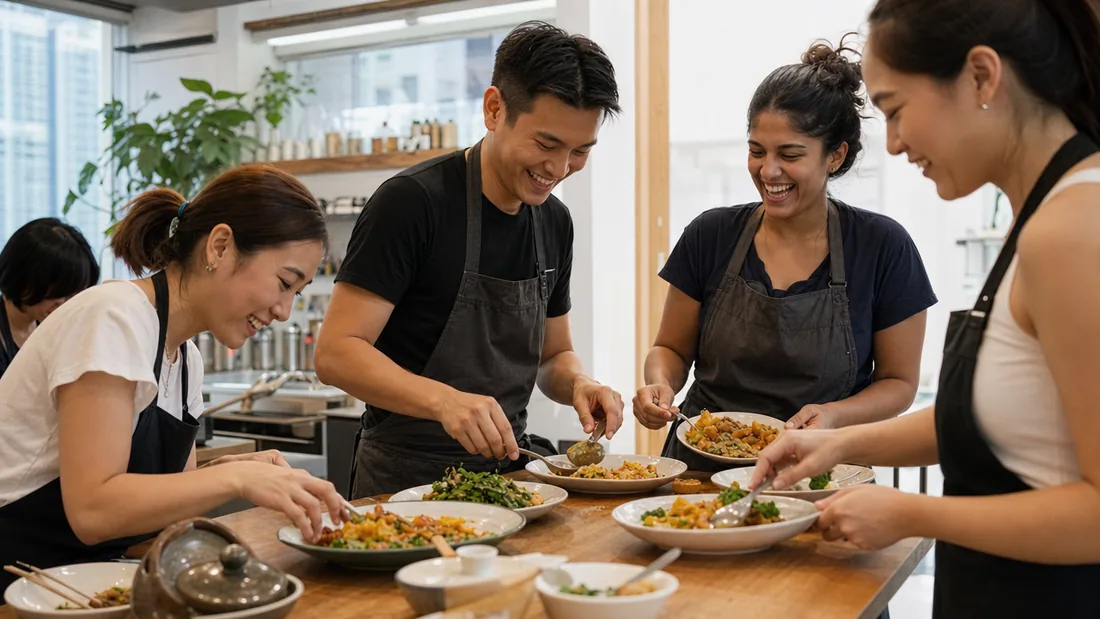 A small group of beginners plating their finished dishes together at a bright Singapore cooking studio