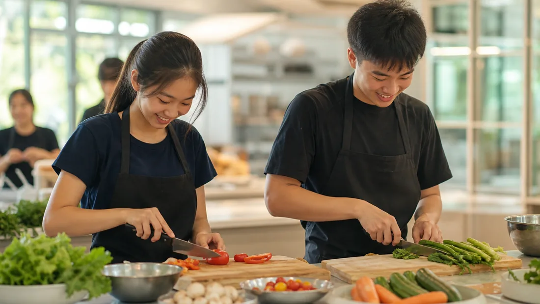 Teenagers chopping and preparing ingredients side by side at a bright Singapore cooking studio