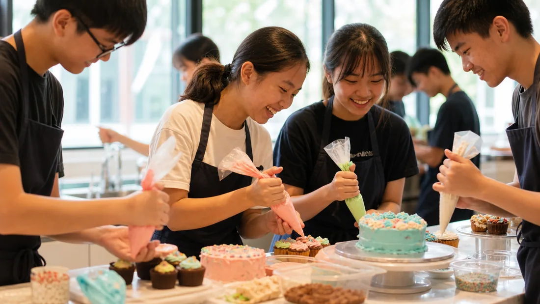 Teenagers decorating cupcakes and small cakes together at a bright Singapore baking studio