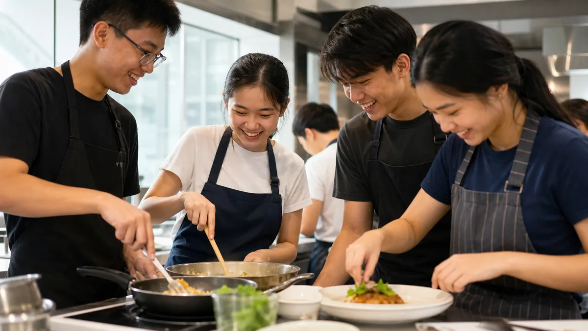 A group of teenagers cooking together at a bright modern Singapore studio