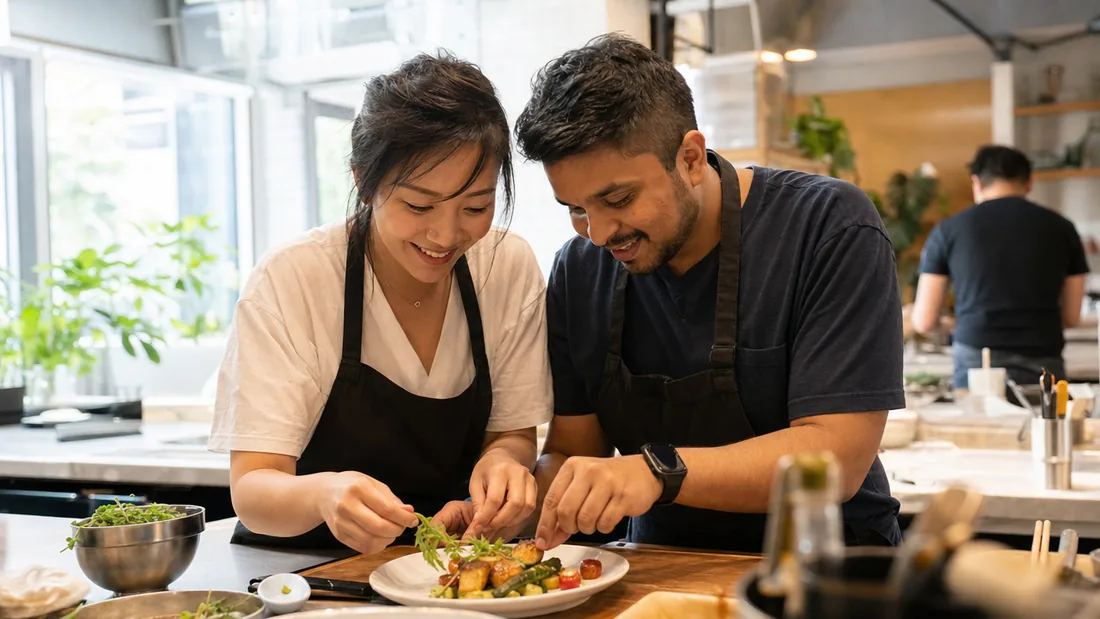 Two friends laughing over a shared prep counter during a hands on cooking class in Singapore