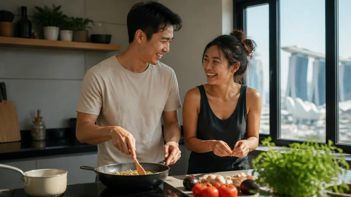 Two friends laughing together over a shared prep counter during a cooking class in a bright Singapore studio