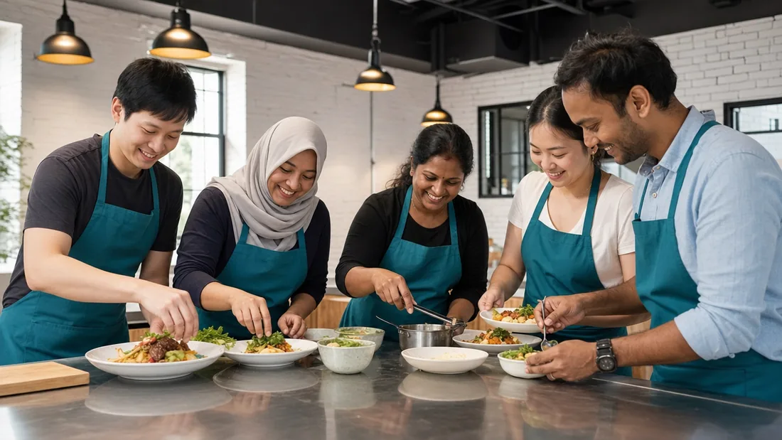 A diverse team plating up the dishes they cooked together at a Singapore cooking class