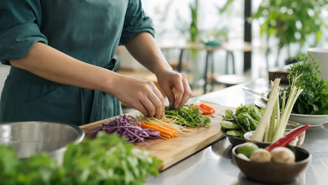 Close-up of hands preparing fresh ingredients at a hands-on cooking session in Singapore