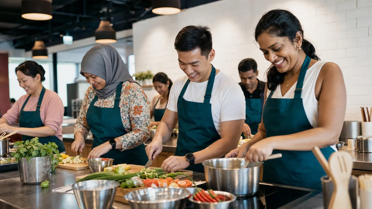 A diverse team cooking together at a hands-on cooking class in a bright Singapore studio