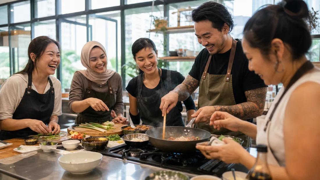 A group cooking together on a stove at a bright Singapore studio, laughing as they stir a wok