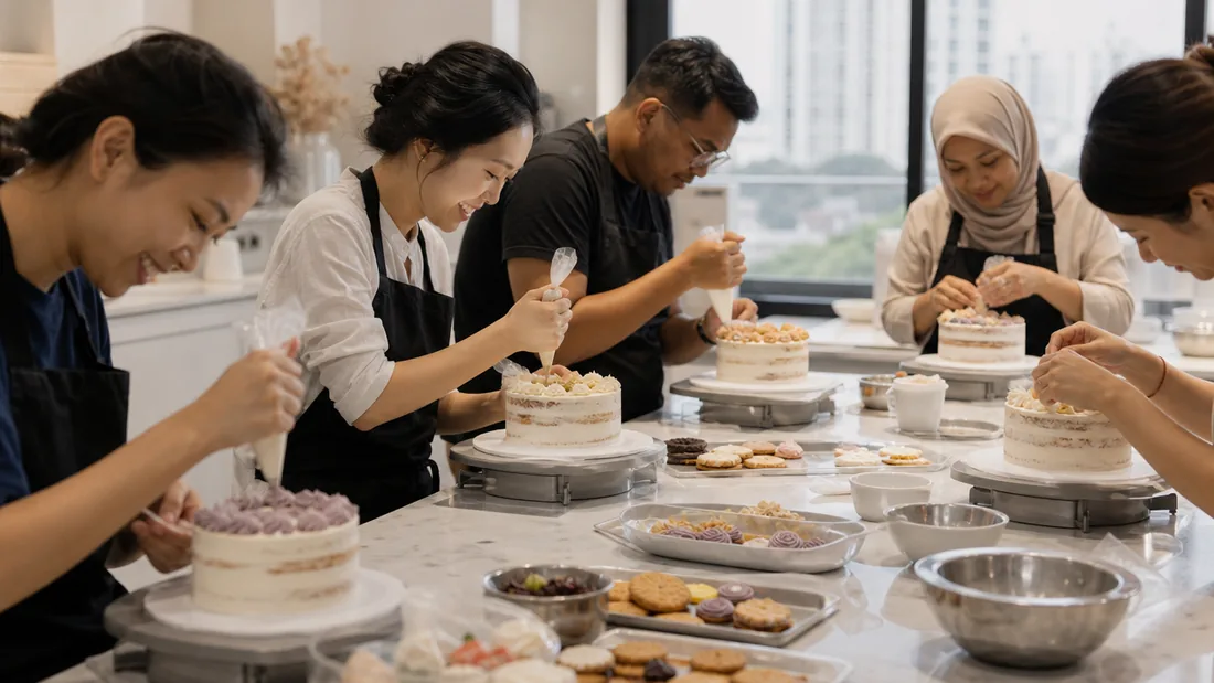 A team piping and decorating cakes at a baking class, focused and smiling in a modern Singapore studio