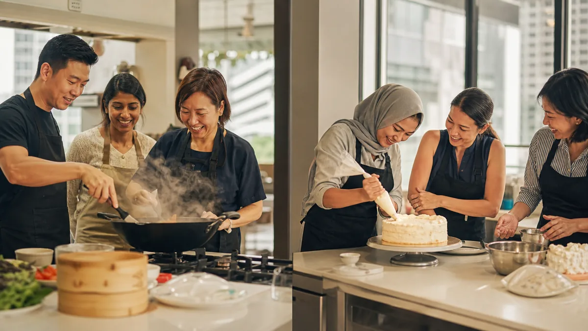 Two side by side benches in a bright Singapore studio, one group cooking on a stove and one group piping onto a cake