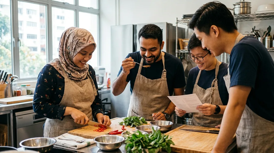 A team of colleagues huddled over the chopping board mid-competition, slicing, tasting and checking the recipe