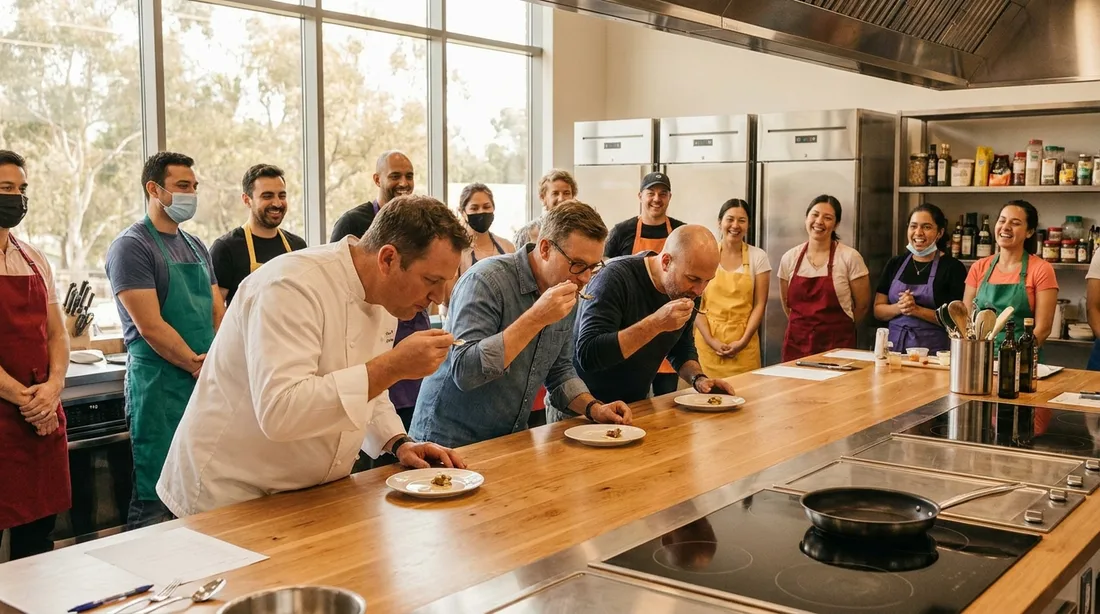 A chef and two colleagues tasting plated dishes at the judging counter while the competing teams watch