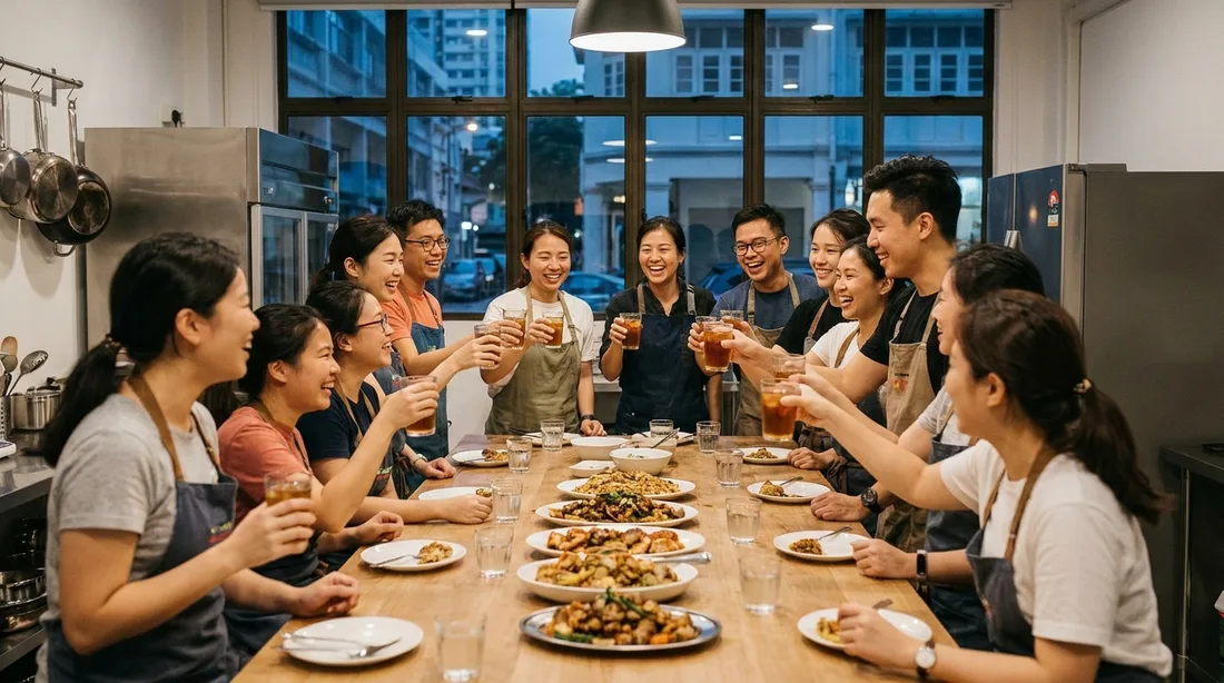 Colleagues sitting together at a long table eating the dishes they cooked after the competition